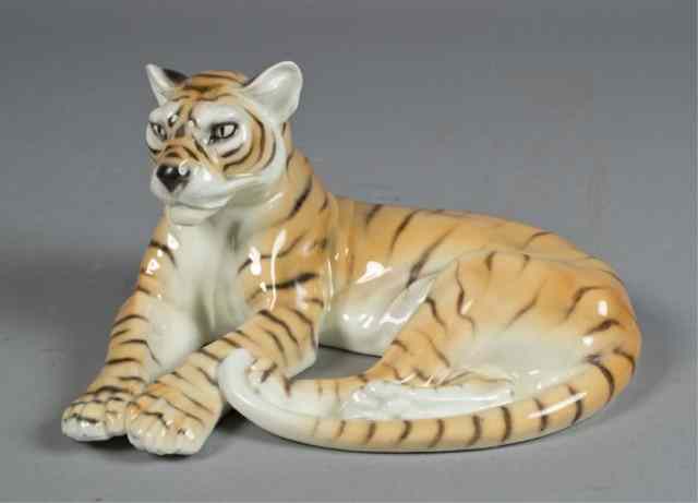 Appraisal: A Fine Goldscheider Tiger FigurineArt Deco reclining tiger impressed and