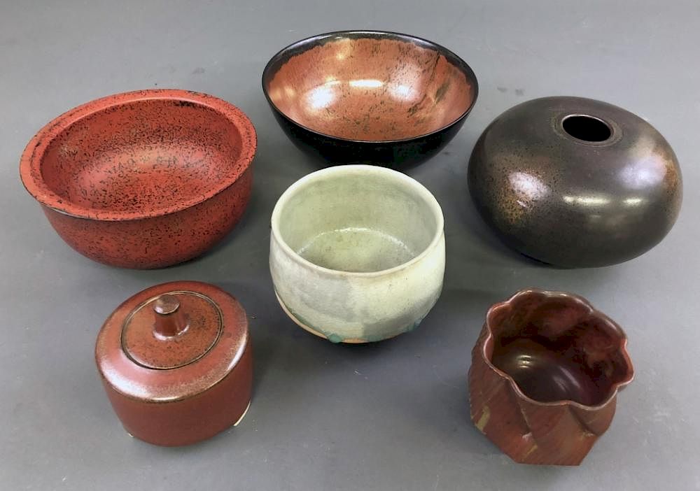 Appraisal: Grouping of Pottery and a Wooden Bowl Japanese tripod glazed