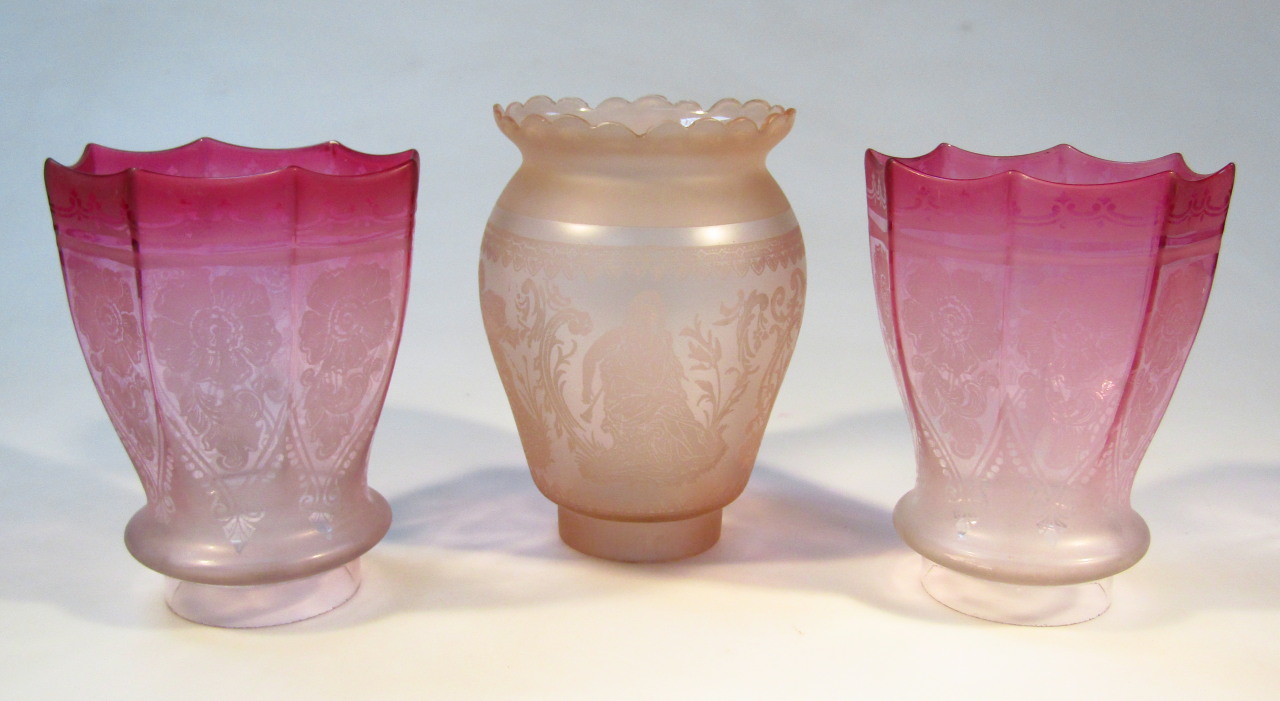 Appraisal: A pair of early thC cranberry etched and clear glass