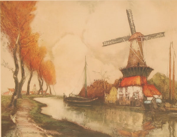 Appraisal: Print depicting Dutch scene with windmill and winding river x