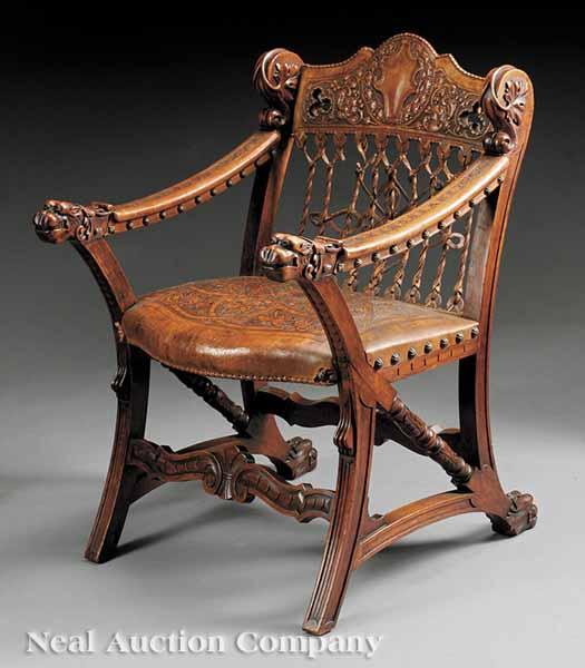 Appraisal: A Fine Continental Carved Walnut and Tooled Leather Armchair th