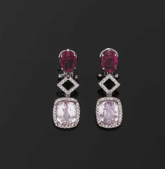 Appraisal: KUNZITE TOURMALINE AND BRILLIANT-CUT DIAMOND PENDANT EARRINGS White gold Decorative