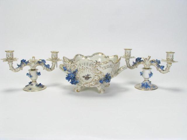 Appraisal: Dresden Porcelain Console Bowl and Candlesticks Saxony pattern with a