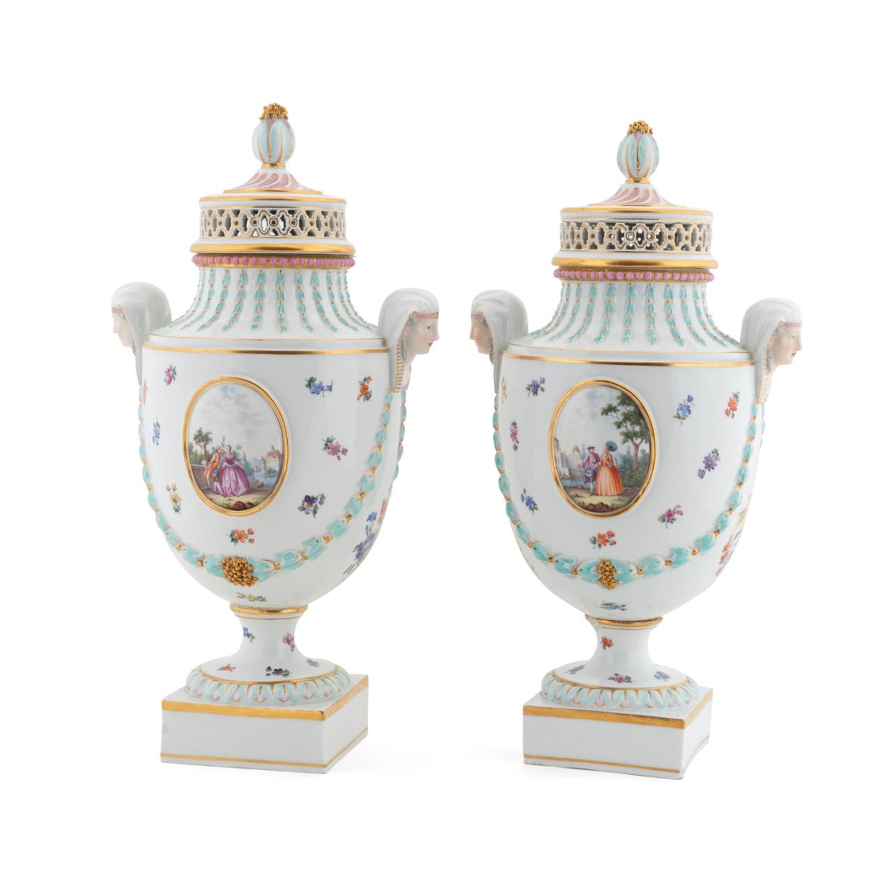 Appraisal: PAIR OF MEISSEN PHARAOH HEAD POTPOURRI URNS Pair of Meissen