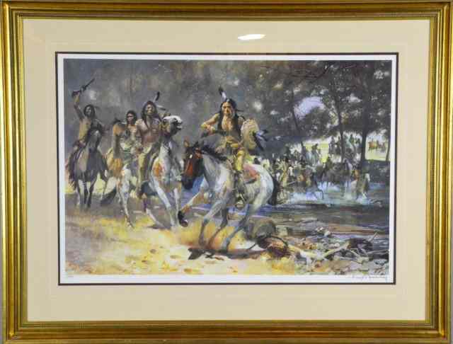 Appraisal: Guy Manning Litho of Native American - SignedDepicting Indian war