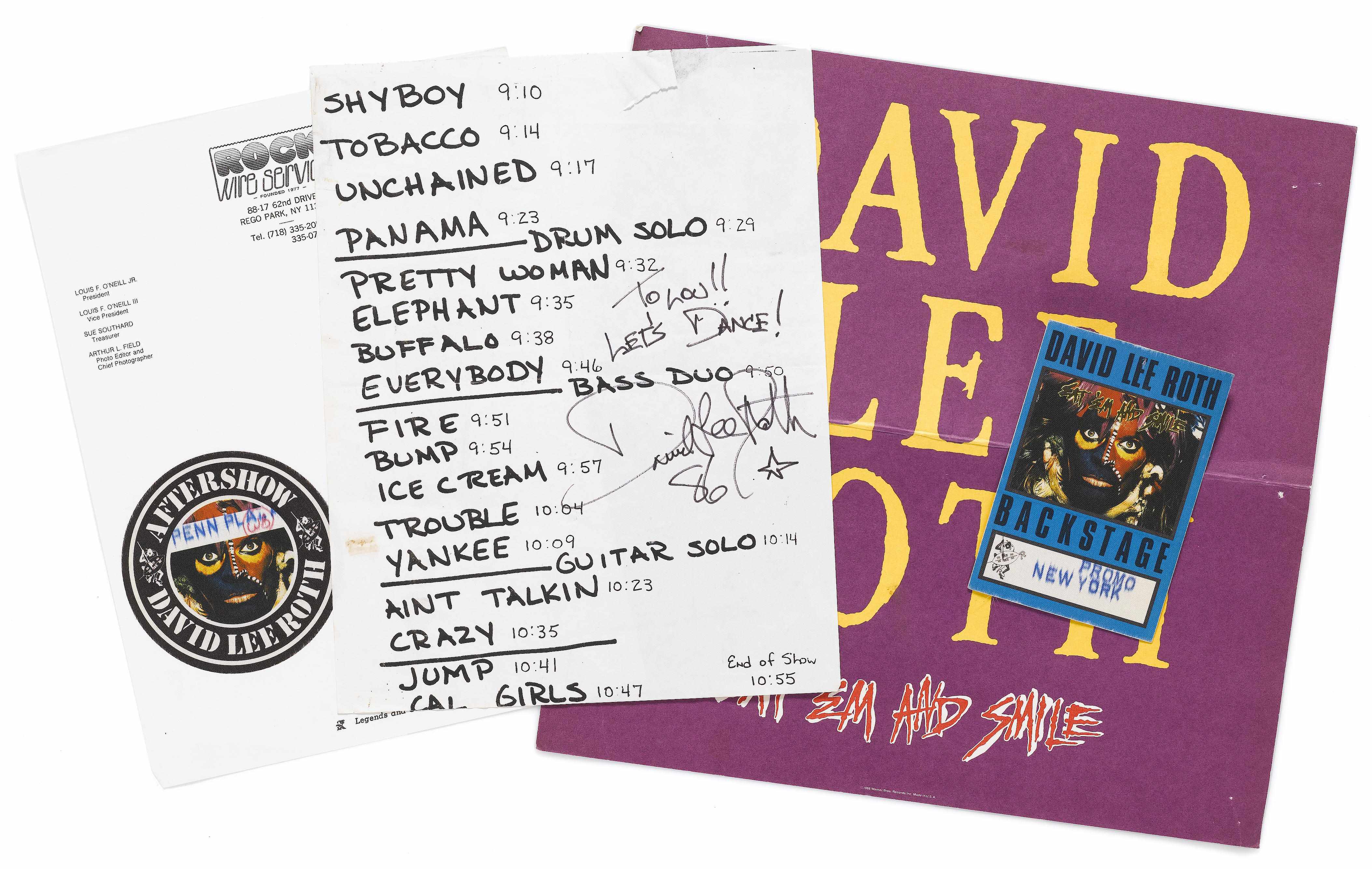 Appraisal: Rock Roll Memorabilia A concert playlist autographed by David Lee