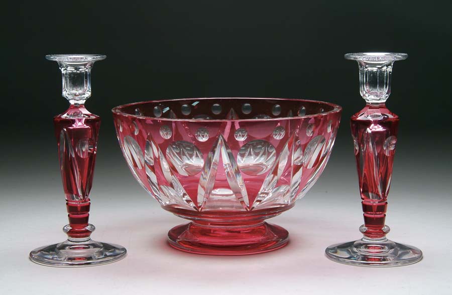 Appraisal: THREE PIECE CONSOLE SET Three piece console set has cranberry