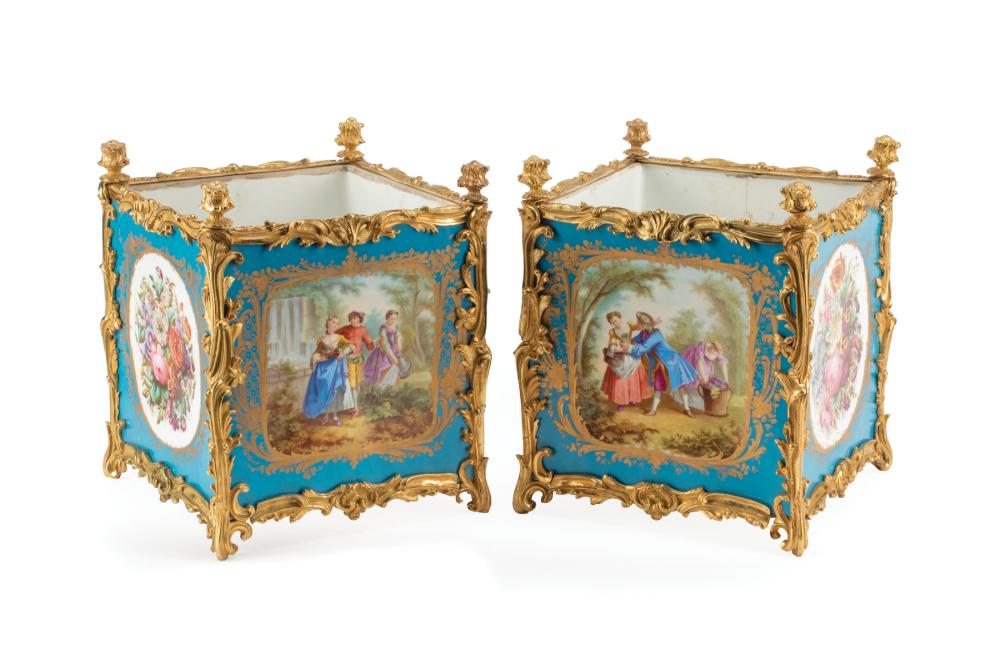 Appraisal: Pair of Bronze-Mounted Sevres Polychrome and Gilt Porcelain Jardinieres th