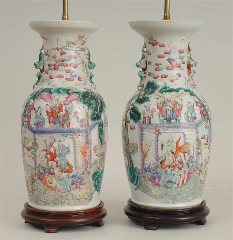 Appraisal: PAIR OF CHINESE FAMILLE ROSE PORCELAIN BALUSTER-FORM VASES MOUNTED AS