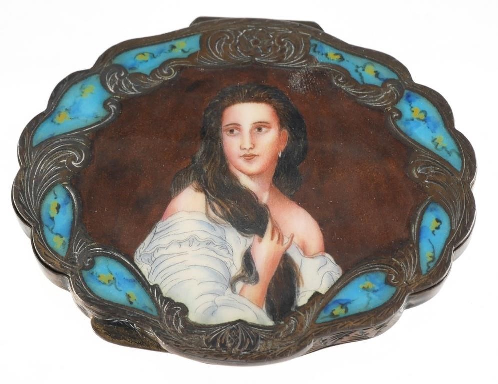 Appraisal: Hand painted portrait of a woman with acanthus leaf hand