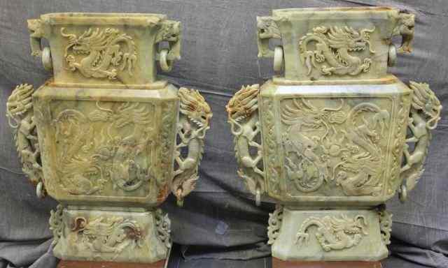 Appraisal: Huge Pair of Asian Carved Stone Urns As Found Very