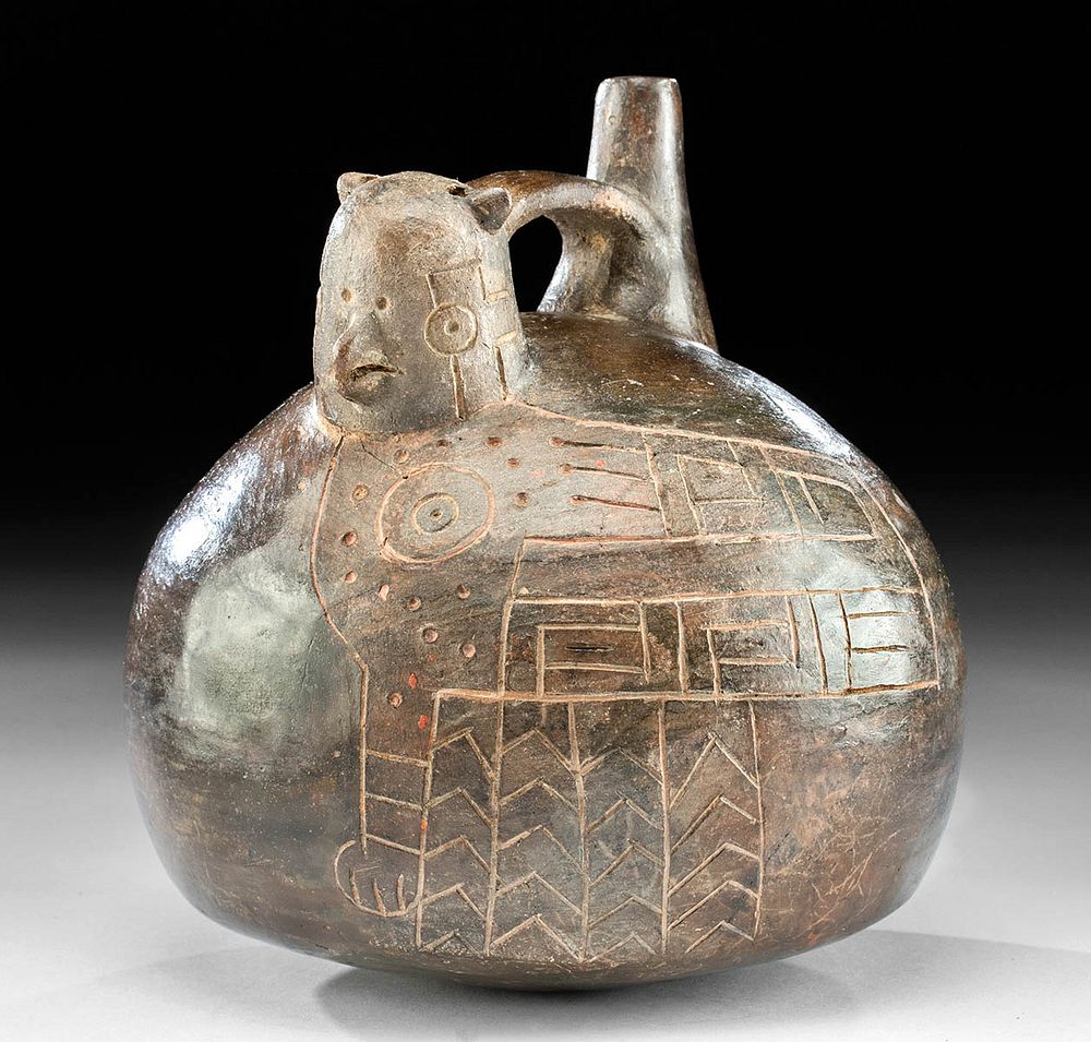 Appraisal: Paracas Pottery Stirrup Vessel w Incised Falcon Pre-Columbian South Coast