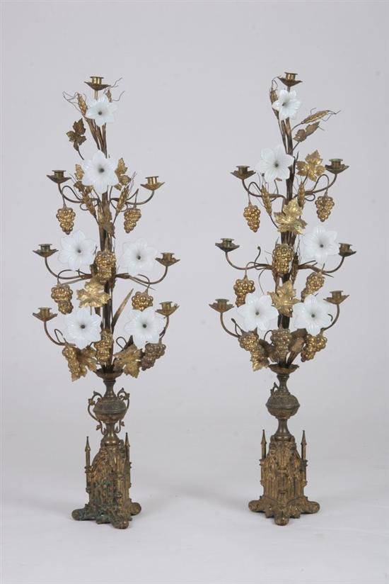 Appraisal: PAIR CONTINENTAL GILT METAL AND OPALINE GLASS CANDELABRA late th