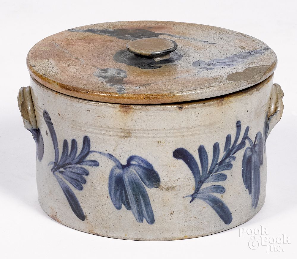 Appraisal: Remmey type stoneware lidded cake crock Pennsylvania Remmey type stoneware