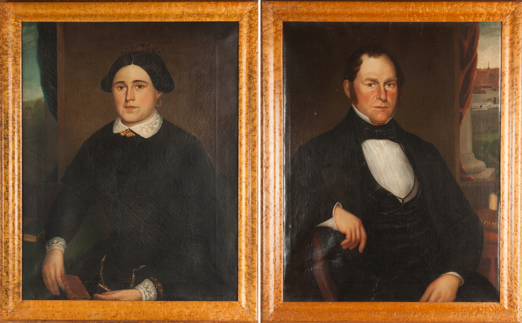 Appraisal: Pair of Early th Century Portraits Bird's eye maple frames