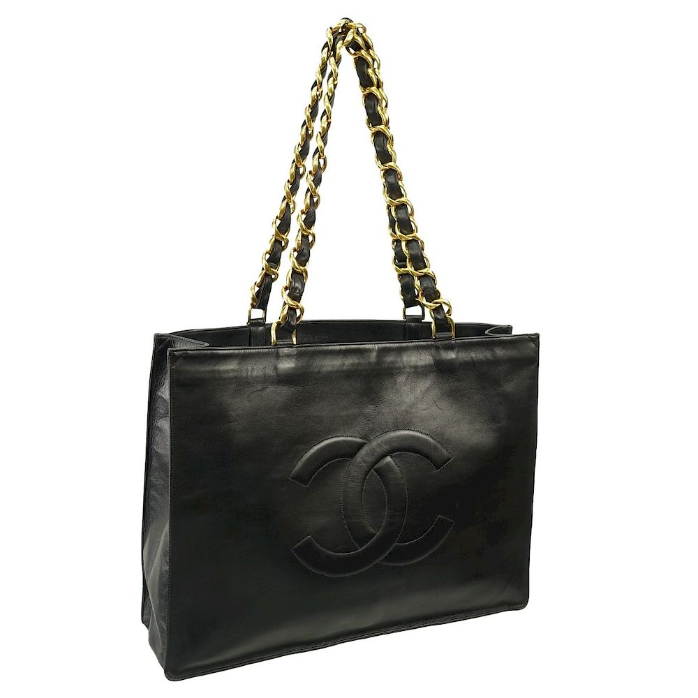 Appraisal: Chanel Tote Chanel Black Leather Front Logo Tote Black leather