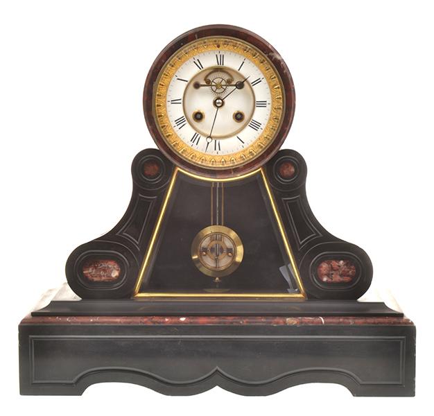 Appraisal: A FRENCH SLATE AND MARBLE MANTEL CLOCK the visible escapement