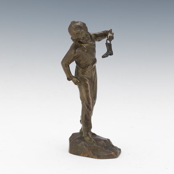 Appraisal: ANTIQUE BRONZE CABINET SCULPTURE OF A BOY WITH A BOOT