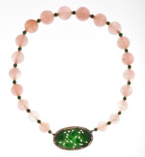 Appraisal: Carved Jade Rose Quartz K YG Necklace Vintage necklace of