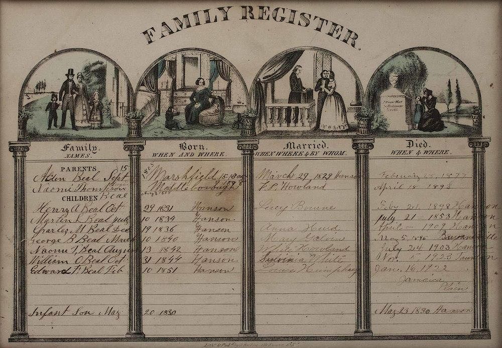 Appraisal: th c Massachusetts Family Register Framed th c Massachusetts Beal