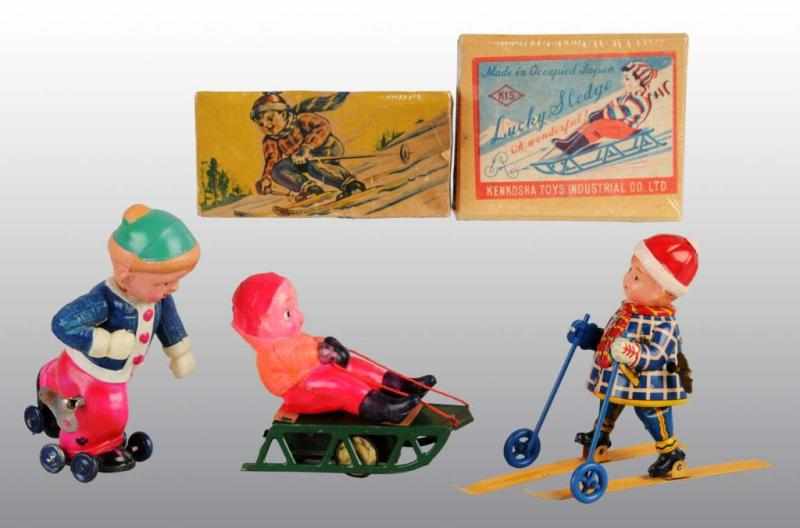 Appraisal: Lot of Tin Celluloid Sports Wind-Up Toys Description Japanese Working