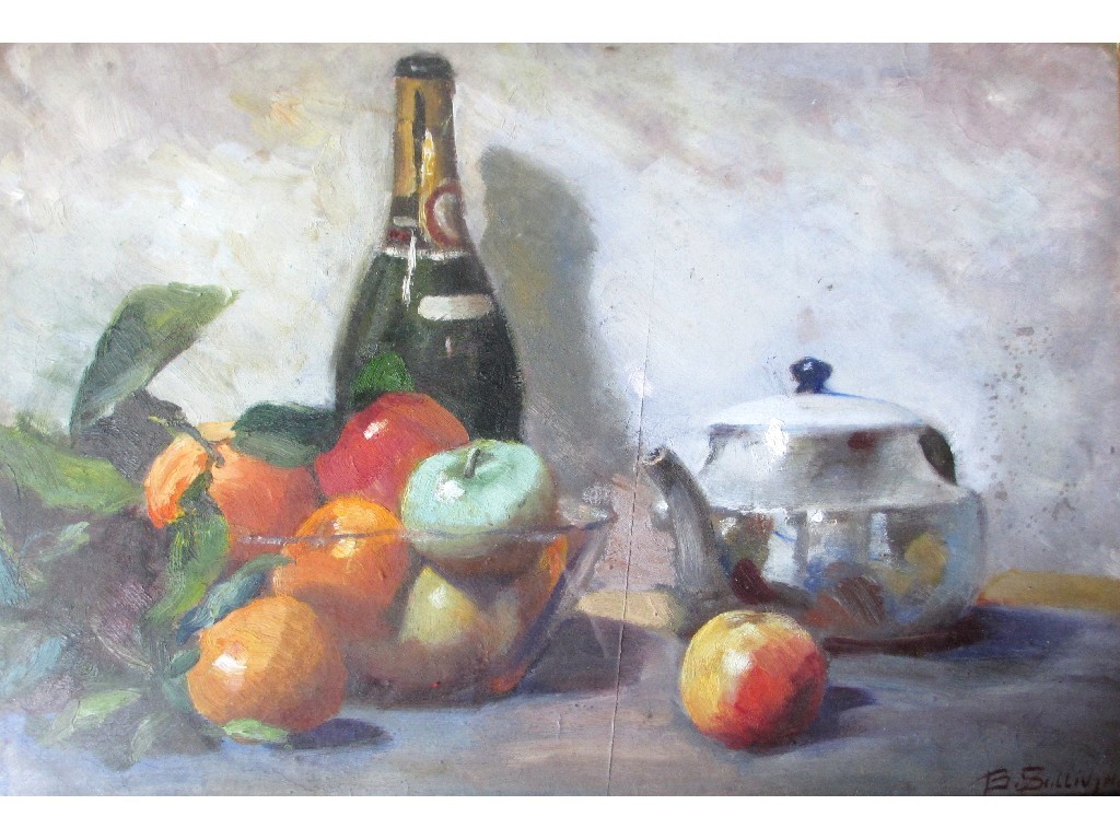 Appraisal: B SULLIVAN TH CENTURY STILL LIFE WITH BOTTLE FRUIT AND