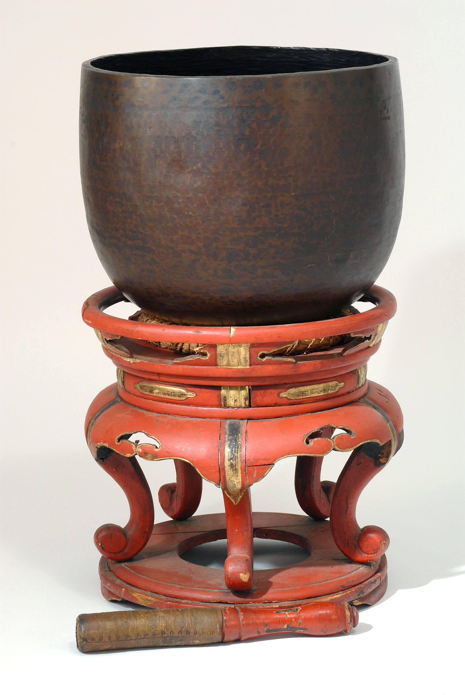 Appraisal: BRONZE TEMPLE GONG th CenturyIn ovoid form with red lacquer