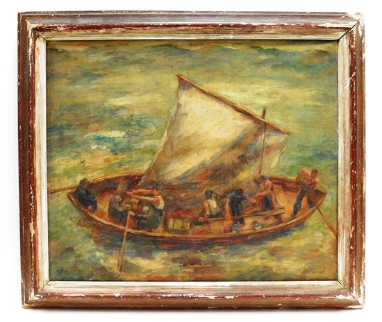 Appraisal: Impressionist style oil on canvas depicting eight men in single-masted