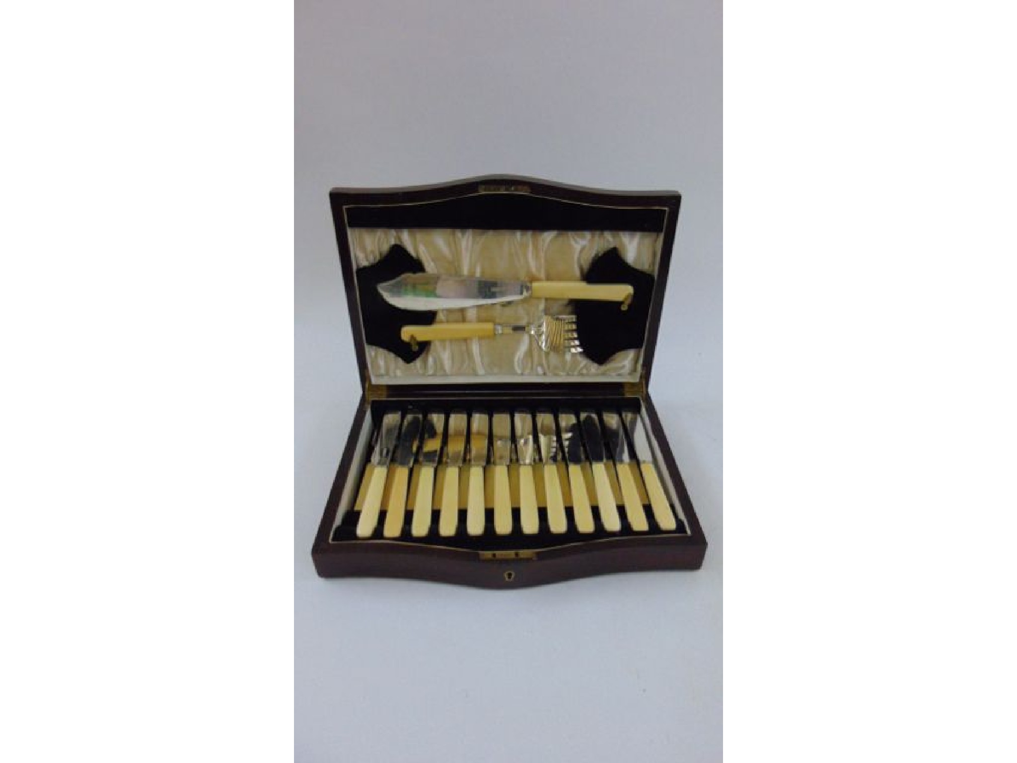 Appraisal: A cased canteen of twelve pairs of fish knives and