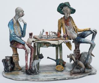 Appraisal: H Colombo Fired Clay Chess Sculpture Circa Two men playing