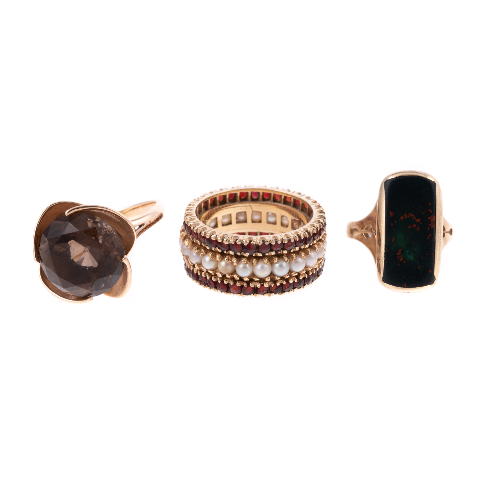 Appraisal: A TRIO OF VARIOUS GEMSTONE RINGS IN GOLD K yellow