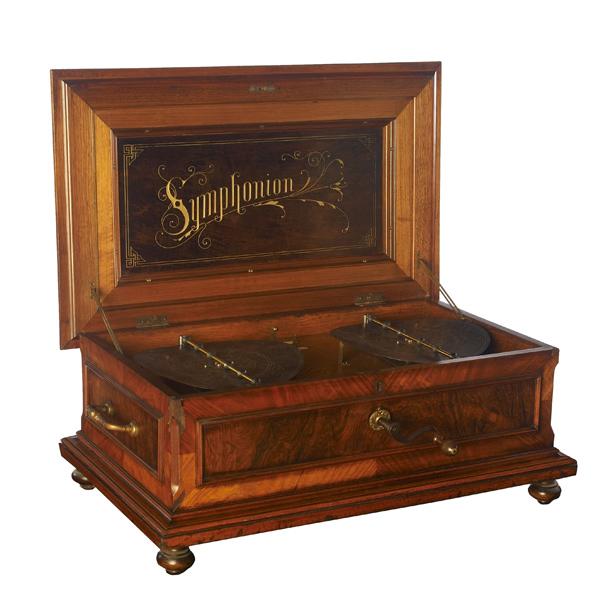 Appraisal: SYMPHONIUM Double-disc mahogany music box with marquetry inlaid top complete