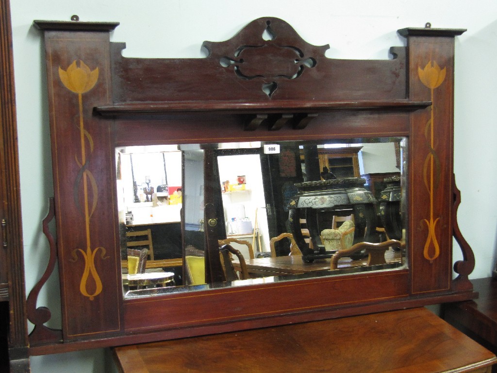 Appraisal: Art Nouveau mahogany overmantel mirror bearing inlaid stylised flowers