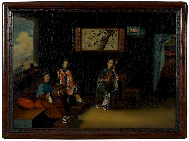 Appraisal: Chinese School th century Musicians in an Interior unsigned oil