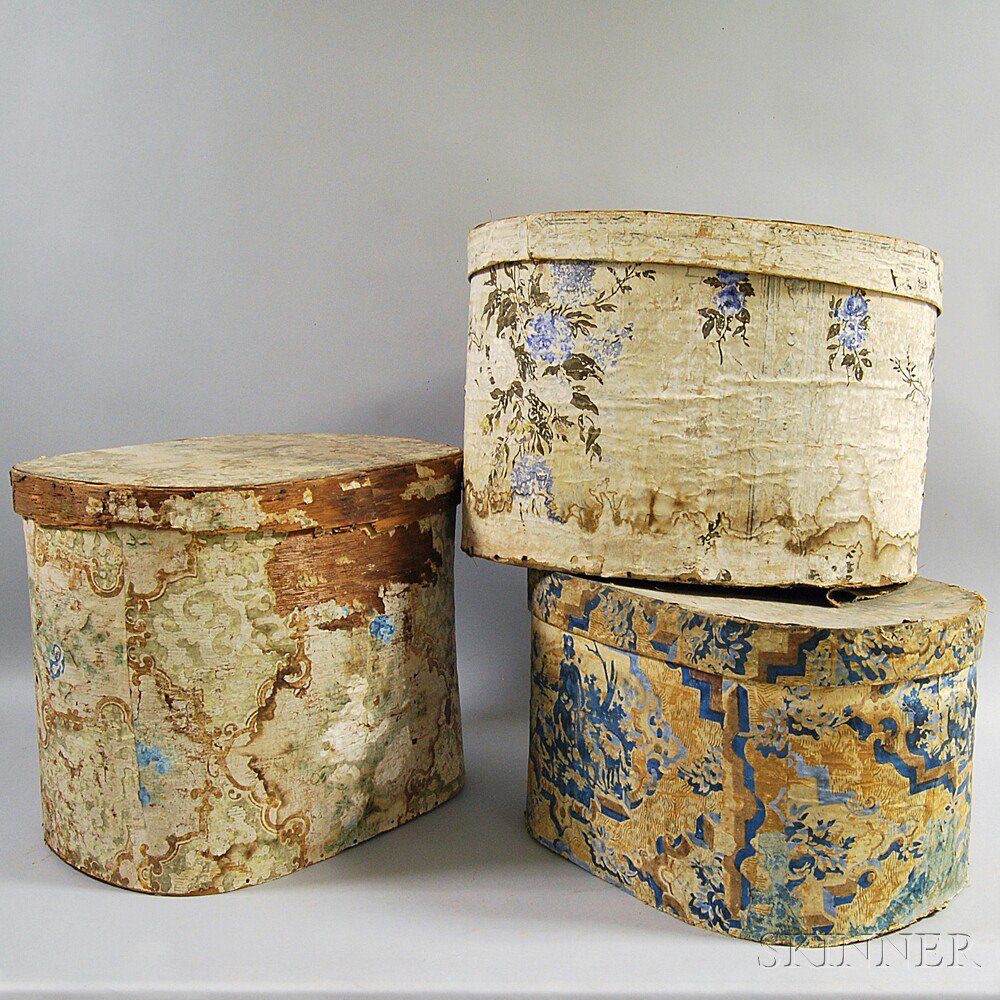 Appraisal: Three Large Wallpapered Band Boxes New England mid- th century