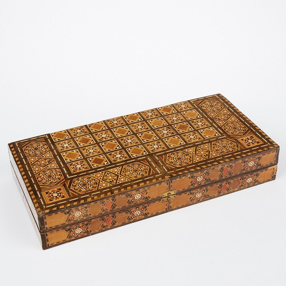 Appraisal: Syrian or Moroccan Inlaid Backgammon Set Syrian or Moroccan wooden