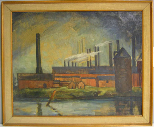 Appraisal: Daniel M Yoder oil on canvas Philadelphia industrial scene dated