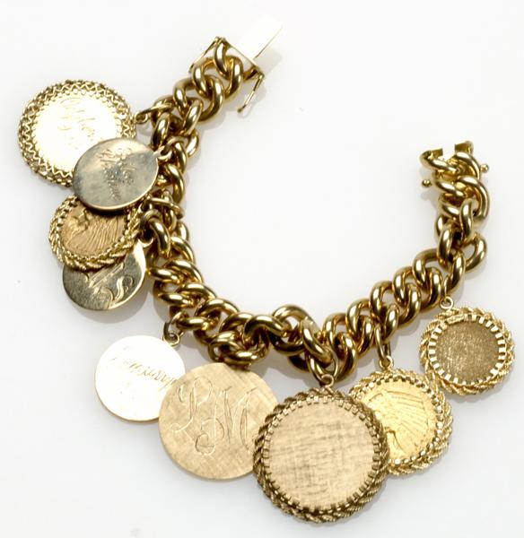 Appraisal: GOLD CHARM BRACELET Heavy k yg curb link with gold