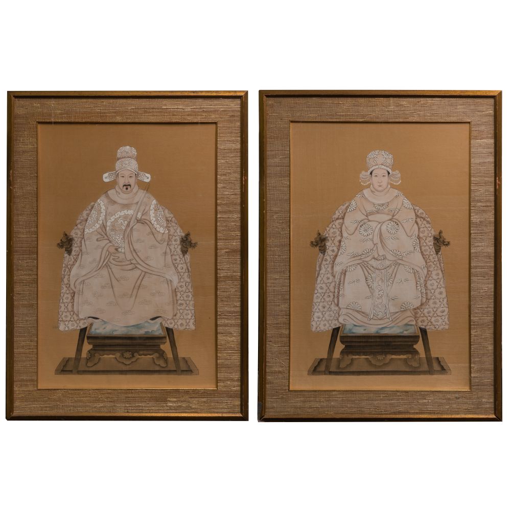 Appraisal: CHINESE ANCESTOR PORTRAIT PAINTINGS ON SILKPair gouache on silk depictions