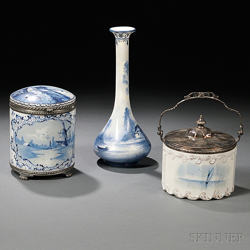 Appraisal: Three Pairpoint Delft Decorated Items late th century a bottle-shape