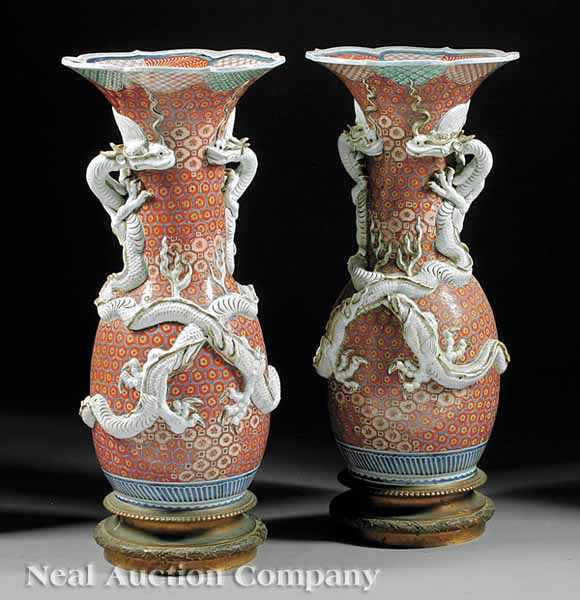 Appraisal: A Monumental Pair of Japanese Kutani Baluster Vases the slender