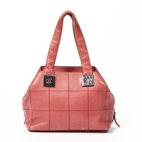 Appraisal: Chanel Chocolate Bar shoulder bag in coral leather silver-toned hardware