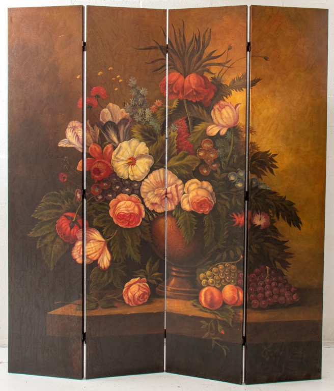 Appraisal: FOUR PANEL FLORAL SCREEN OIL ON CANVAS Four panel floral