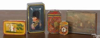 Appraisal: Five tole painted dresser or patch boxes th c to