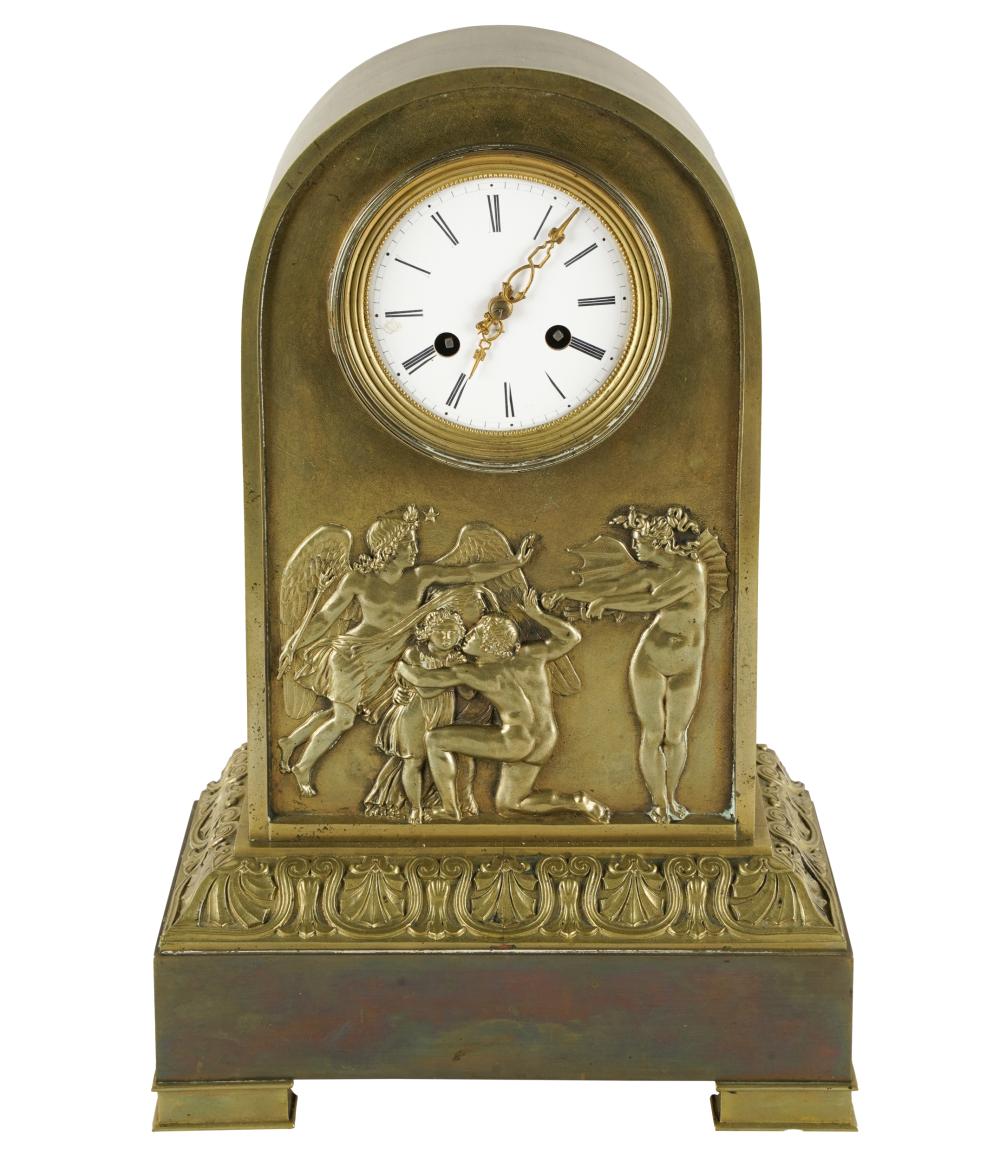 Appraisal: NEOCLASSIC GILT METAL MANTEL CLOCKunsigned decorated in relief with mythological