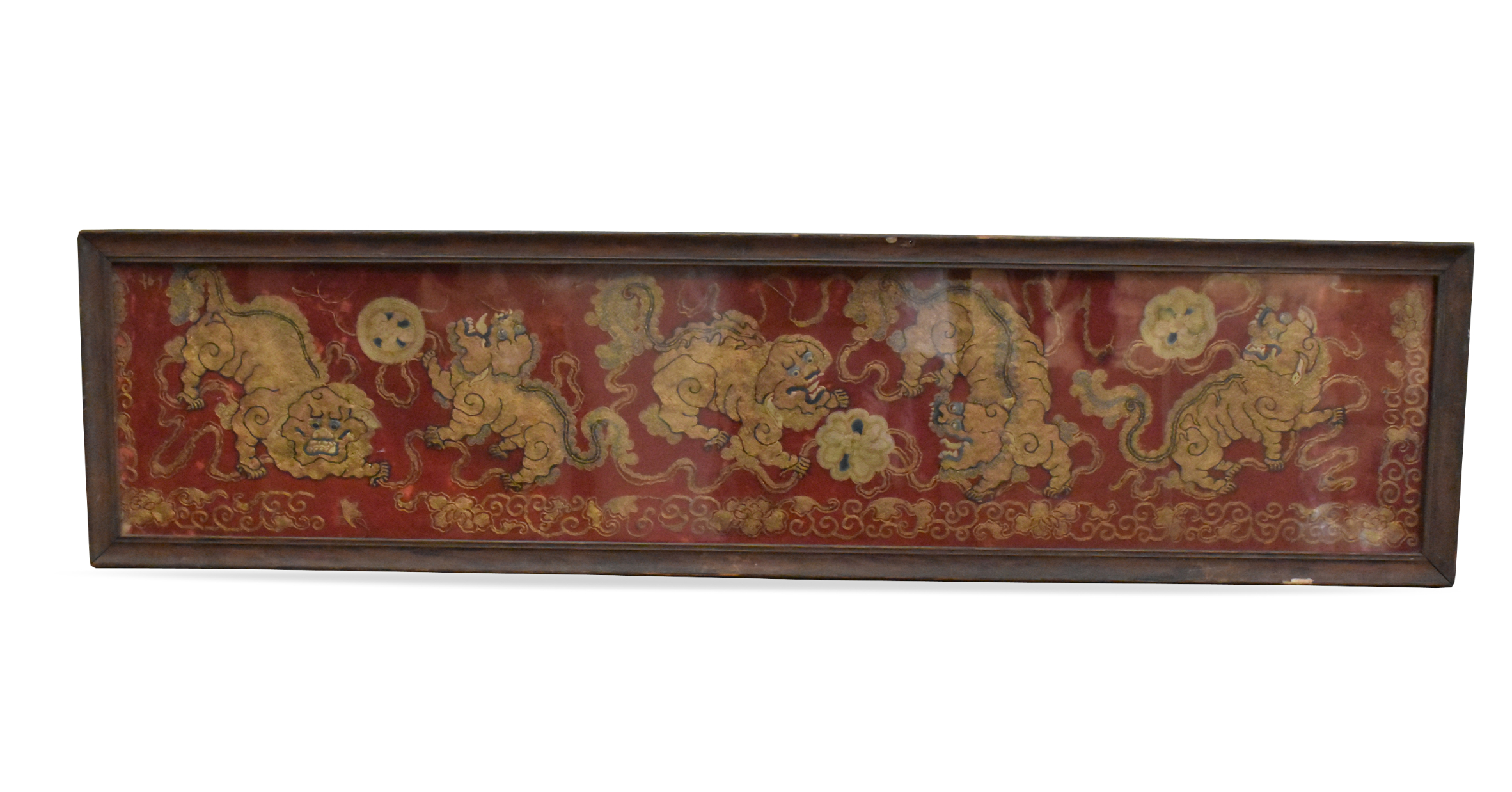 Appraisal: A framed Chinese embroidery silk with foo lions and balls