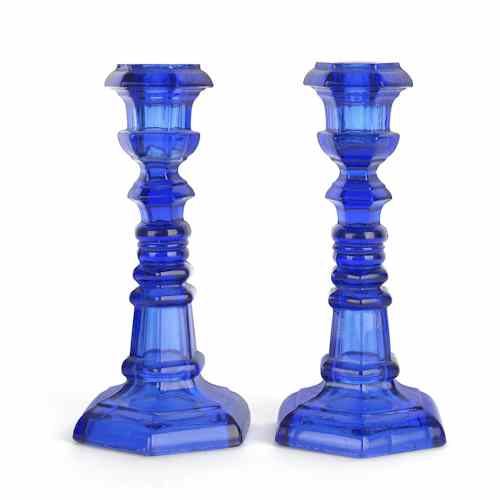 Appraisal: Pair of sandwich cobalt glass candlesticks ca h