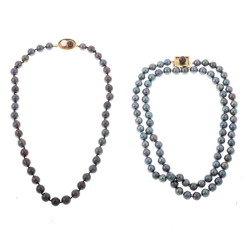 Appraisal: A Pair of Gray Pearl Necklaces with K Clasps A