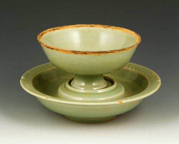 Appraisal: - Chinese Green Glazed Cup with Tray Light green glazed