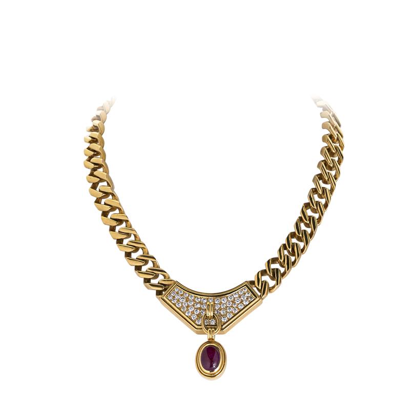 Appraisal: RUBY AND DIAMOND K GOLD NECKLACE Condition Report Diamonds H-J